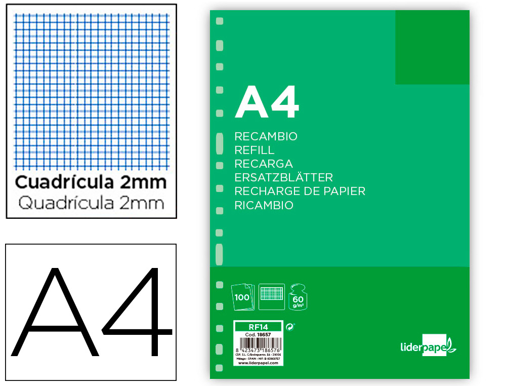 RECAMBIO LIDERPAPEL FOLIO 100 HOJAS 60G/M2 MILIMETRADO SIN MARGEN 16 TALADROS