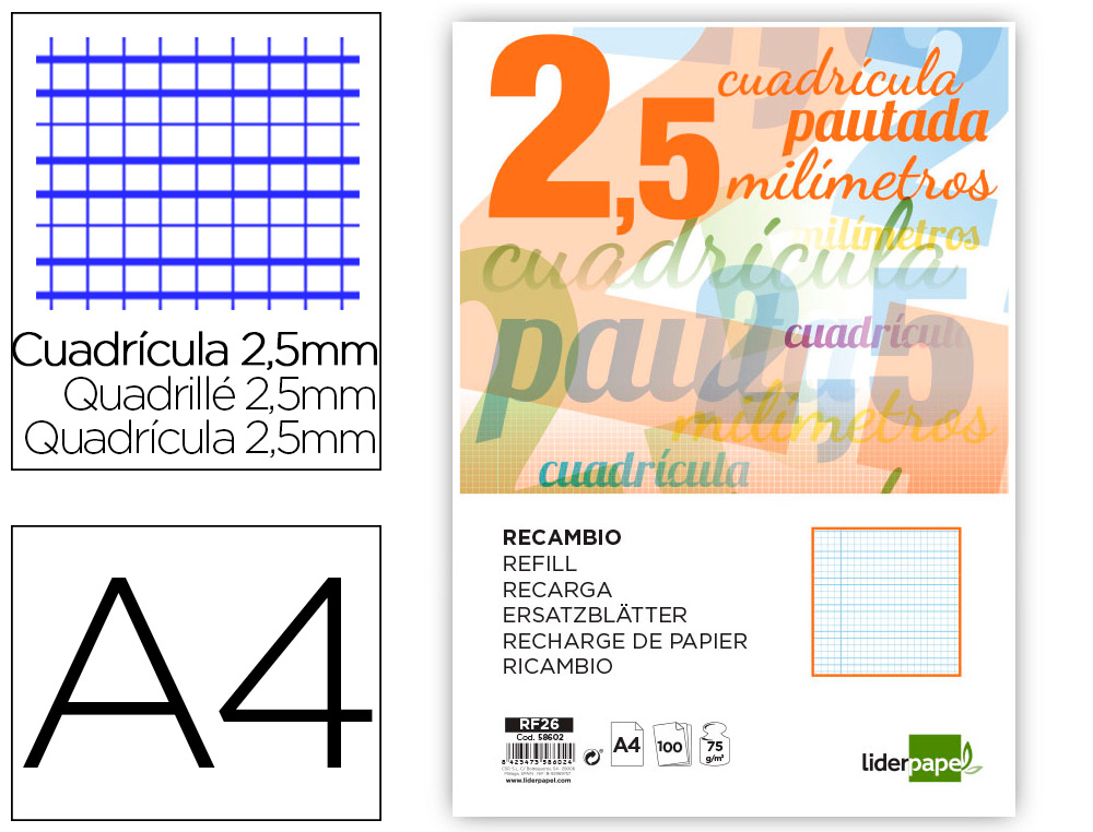 RECAMBIO LIDERPAPEL A4 PAUTAGUIA 100 HOJAS 75 G/M2 CUADRICULADO PAUTADO 2,5 MM CON MARGEN 4 TALADROS