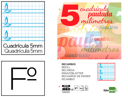 RECAMBIO LIDERPAPEL A4 PAUTAGUIA 100 HOJAS 75 G CUADRICULADO PAUTADO 5 MM CON MARGEN 4 TALADROS