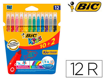 ROTULADOR BIC KIDS COULEUR ESTUCHE DE 10+2 COLORES TINTA BASE DE AGUA LAVABLE