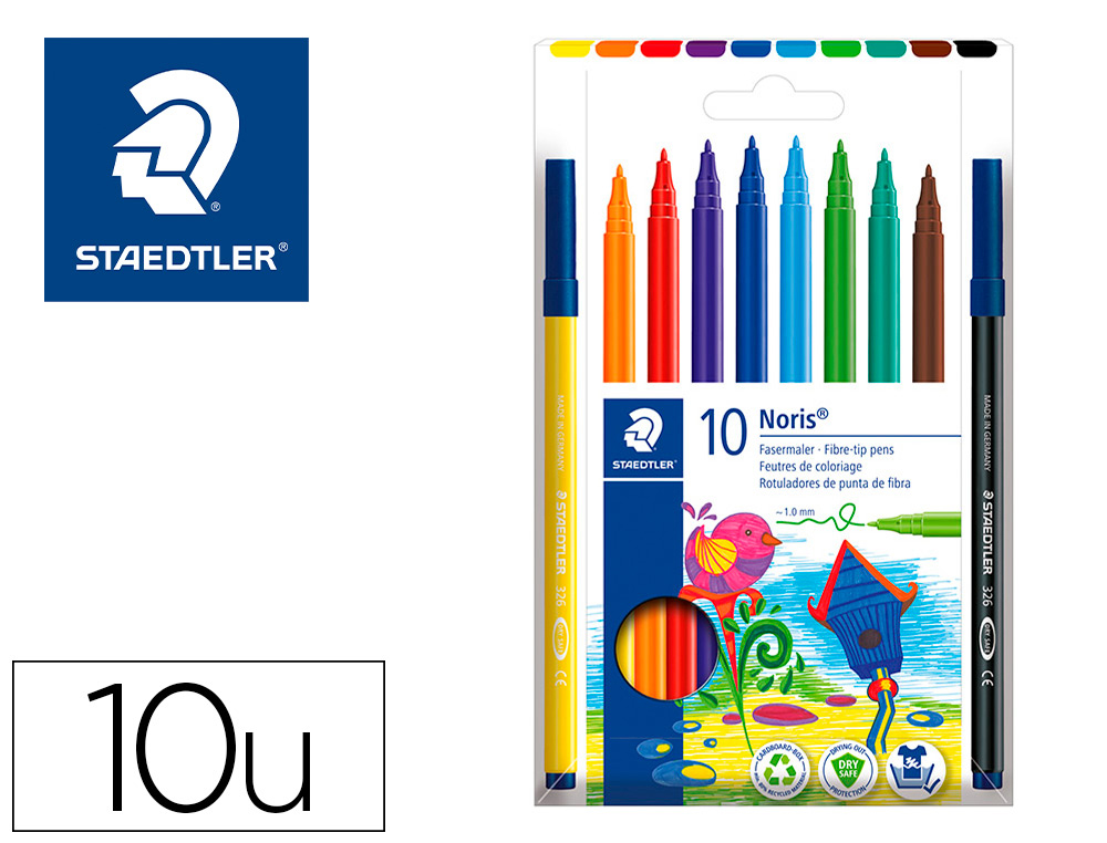 ROTULADOR STAEDTLER NORIS 326 PUNTA DE FIBRA NUEVO CUERPO HEXAGONAL CAJA DE 10 UNIDADES COLORES SURTIDOS
