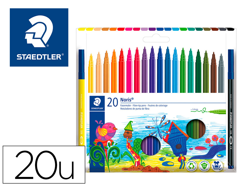ROTULADOR STAEDTLER NORIS 326 PUNTA DE FIBRA NUEVO CUERPO HEXAGONAL CAJA DE 20 UNIDADES COLORES SURTIDOS