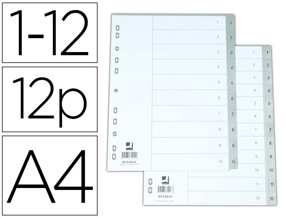 SEPARADOR NUMERICO Q-CONNECT PLASTICO 1-12 JUEGO DE 12 SEPARADORES DIN A4 -MULTITALADRO