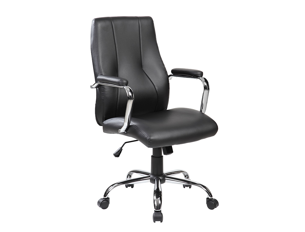 SILLA ROCADA DIRECCION SIMIL PIEL CON BRAZOS BASE METALICA CROMADA DIAMETRO 700MM RESPALDO 730MMX500MM