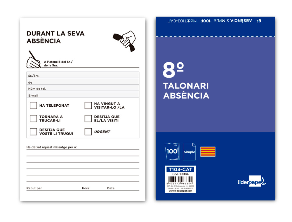 TALONARIO LIDERPAPEL AUSENTES OCTAVO ORIGINAL T103 TEXTO EN CATALAN