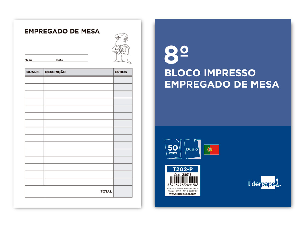 TALONARIO LIDERPAPEL CAMARERO OCTAVO SIN IVA 202 DUPLICADO TEXTO EN PORTUGUES