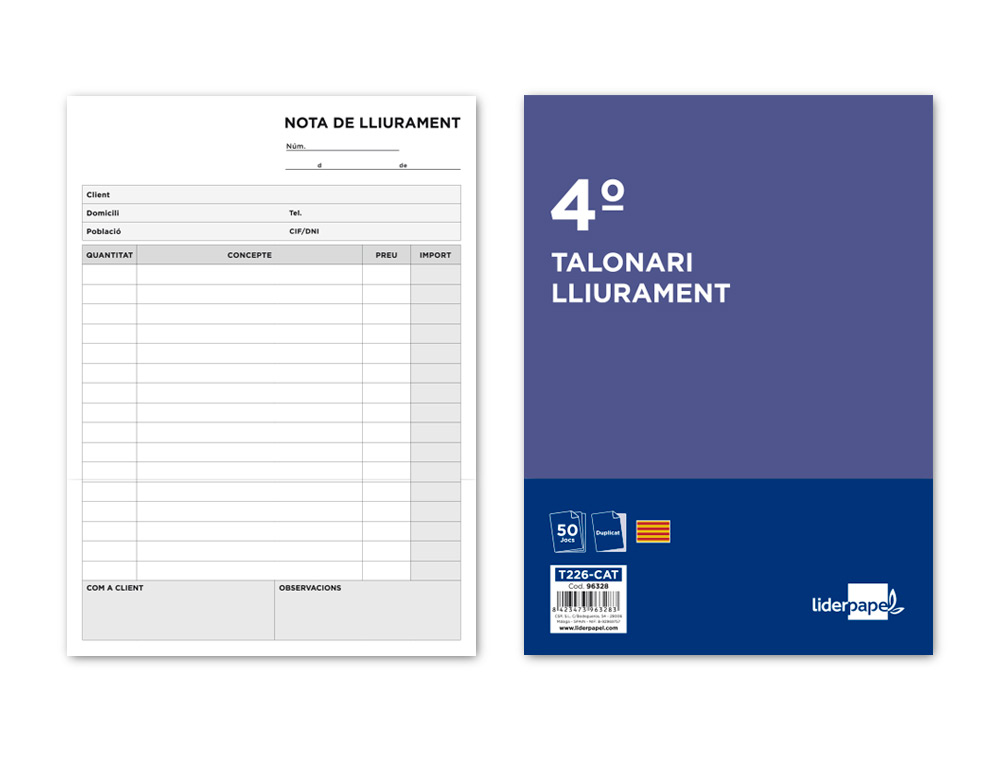 TALONARIO LIDERPAPEL ENTREGAS CUARTO ORIGINAL Y COPIA T226 TEXTO EN CATALAN