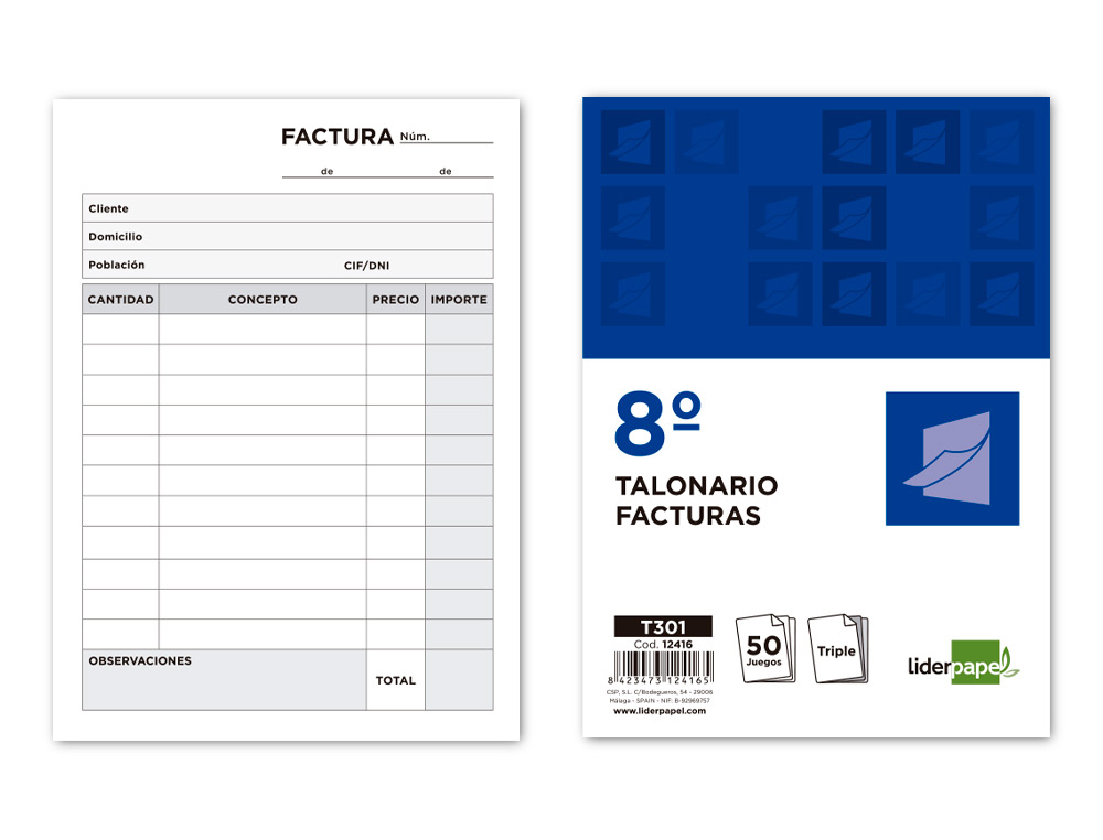 TALONARIO LIDERPAPEL FACTURAS 8º ORIGINAL Y 2 COPIAS T301 SIN I.V.A.