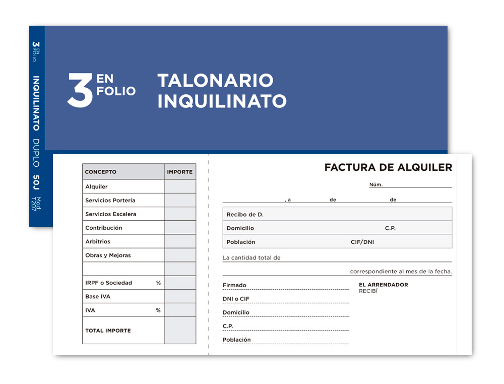 TALONARIO LIDERPAPEL INQUILINATO 3/Fº ORIGINAL Y COPIA T207 CON CODICIONES E I.V.A.