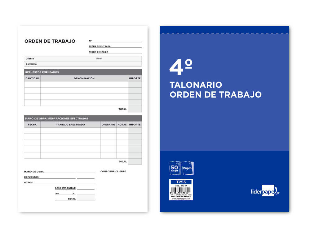 TALONARIO LIDERPAPEL ORDEN DE TRABAJO CUARTO ORIGINAL Y COPIA T255