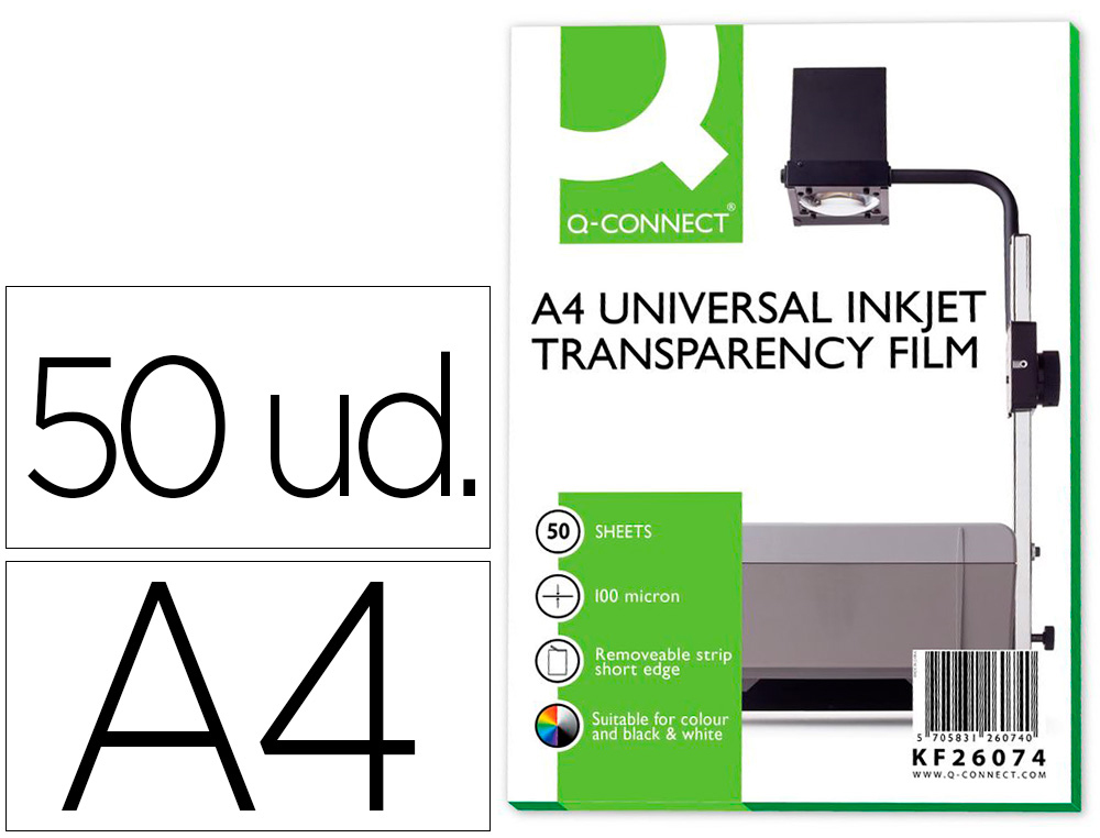 TRANSPARENCIA Q-CONNECT DIN A4 DE ALTA CALIDAD KF26074 PARA INK-KET CAJA DE 50 HOJAS