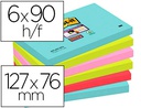 [70005291631] BLOC DE NOTAS ADHESIVAS QUITA Y PON POST-IT SUPER STICKY 76X127 MM CON 90 HOJAS PACK DE 6 UNIDADES COLORES MIAMI