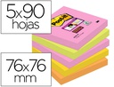 [70005280360] BLOC DE NOTAS ADHESIVAS QUITA Y PON POST-IT SUPER STICKY 76X76 MM CON 90 HOJAS PACK DE 5 BLOC COLORES SURTIDOS