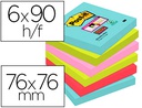 [70005291227] BLOC DE NOTAS ADHESIVAS QUITA Y PON POST-IT SUPER STICKY 76X76 MM CON 90 HOJAS PACK DE 6 UNIDADES COLORES MIAMI