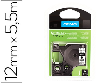 CINTA DYMO NEGRO BLANCO 12MM X 5,5 MT D1 POLYESTER ADHESIVO PERMANENTE