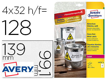 ETIQUETA ADHESIVA AVERY POLIESTER BLANCO 99,1X139 MM PARA IMPRESORA LASER PACK DE 32 UNIDADES