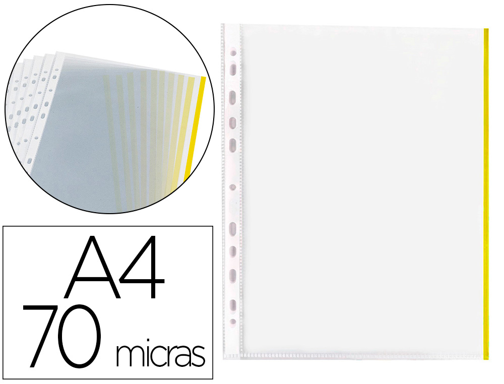 FUNDA MULTITALADRO Q-CONNECT DIN A4 70 MC PP CRISTAL CON BORDE AMARILLO BOLSA DE 10 UDS