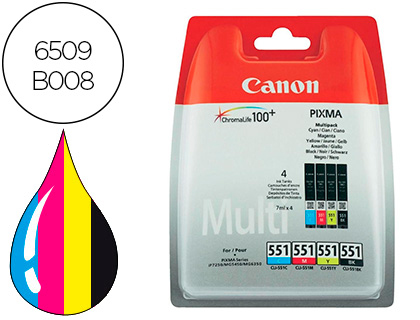 INK-JET CANON 551 C/M/Y/BK PIXMA IP8750 / IX6850 / MG5550 / MG6450 / MG7150 / MX725 / MX925 PACK 4 COLORES