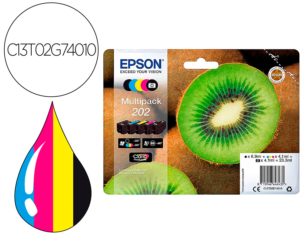 INK-JET EPSON 202 XL XP-6000 / XP-6005 / XP-6100 / XP-6105 PACK 5 NEGRO AMARILLO CIAN MAGENTA PHOTO NEGRO 650 PAG