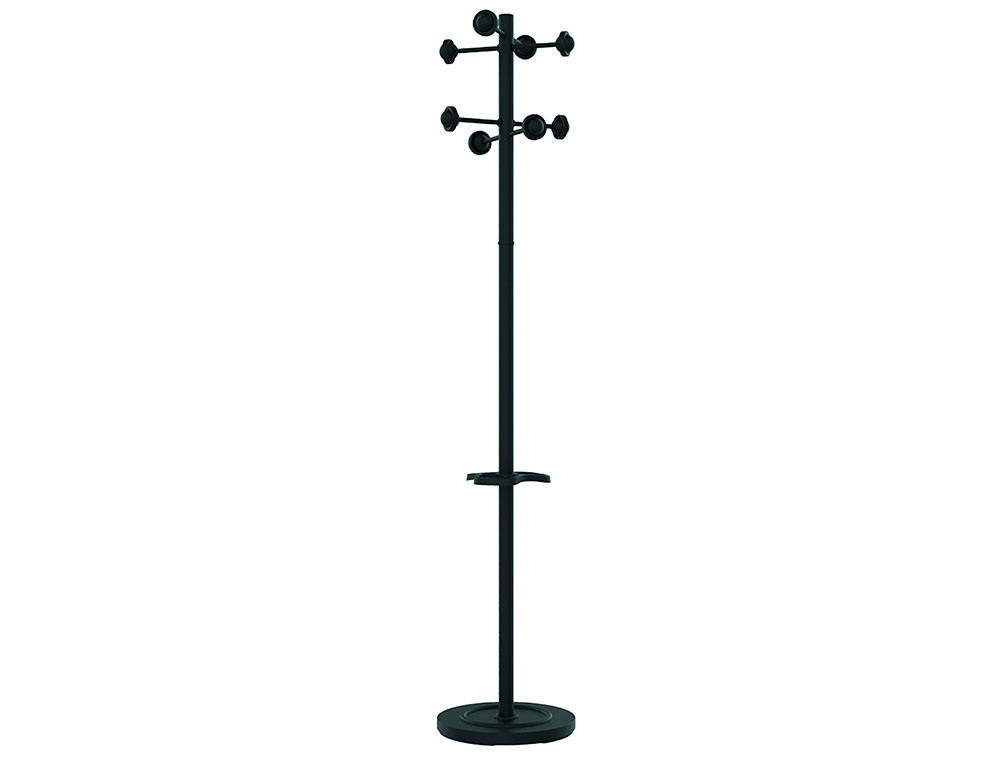PERCHERO METALICO UNILUX ACCUEIL PIE 8 COLGADORES CON PARAGUERO Y BANDEJA GOTEO NEGRO 177X38 CM