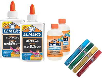 KIT ELMERS FABRICACION SLIME CON 2 BOTES COLA TRANSPARENTE + 2 BOTES LIQUIDO MAGICO + 4 BOTES PURPURINA COLORES