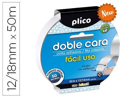 CINTA ADHESIVA PLICO DOBLE CARA FACIL USO 50 MT X 12/18 MM