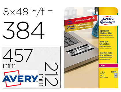 ETIQUETA ADHESIVA AVERY POLIESTER PLATA 45,7X21,2 MM LASER PACK DE 8 UNIDADES