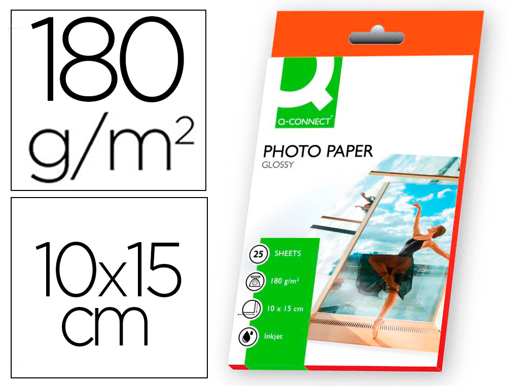 PAPEL Q-CONNECT FOTO GLOSSY -KF01905 -10X15 -DIGITAL PHOTO -PARA INK-JET -BOLSA DE 25 HOJAS DE 180 GR