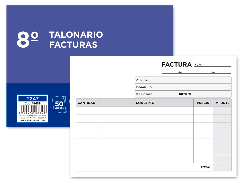TALONARIO LIDERPAPEL FACTURAS 8º ORIGINAL Y COPIA T247 APAISADO SIN I.V.A