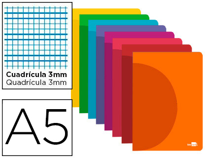 LIBRETA LIDERPAPEL 360 TAPA DE PLASTICO A5 48 HOJAS 90G/M2 CUADRO 3 MM CON MARGEN COLORES SURTIDOS