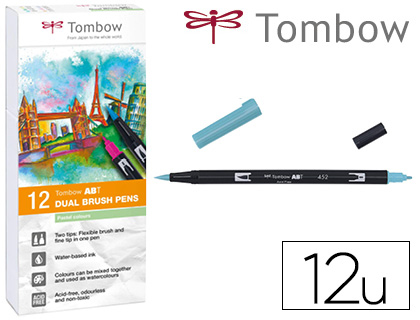 ROTULADOR TOMBOW ABT DUAL BRUSH ACUARELABLE DOBLE PUNTA FINA/PINCEL ESTUCHE DE 12 UNIDADES COLORES PASTEL