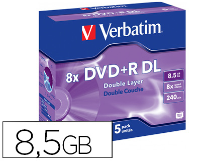 DVD+R VERBATIM DOBLE CAPA CAPACIDAD 8.5GB VELOCIDAD 8X 240 MIN PACK DE 5 UNIDADES