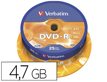 DVD-R VERBATIM CAPACIDAD 4.7GB VELOCIDAD 16X 120 MIN TARRINA DE 25 UNIDADES