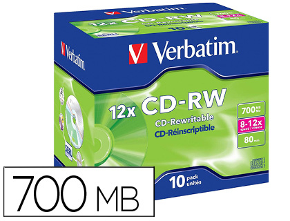 CD-RW VERBATIM SERL CAPACIDAD 700MB VELOCIDAD 12X 80 MIN PACK DE 10 UNIDADES
