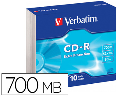 CD-ROM VERBATIM EXTRA PROTECCION CAPACIDAD 700MB VELOCIDAD 52X 80 MIN PACK DE 10 UNIDADES CAJA SLIM