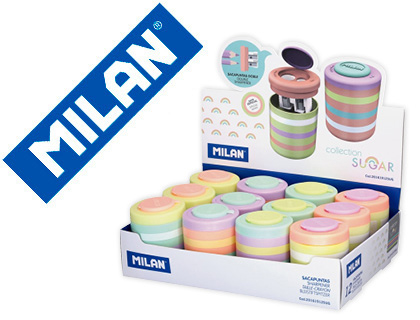 SACAPUNTAS MILAN 2 USOS CON DEPOSITO FAIRY TALE EXPOSITOR DE 12 UNIDADES COLORES SURTIDOS