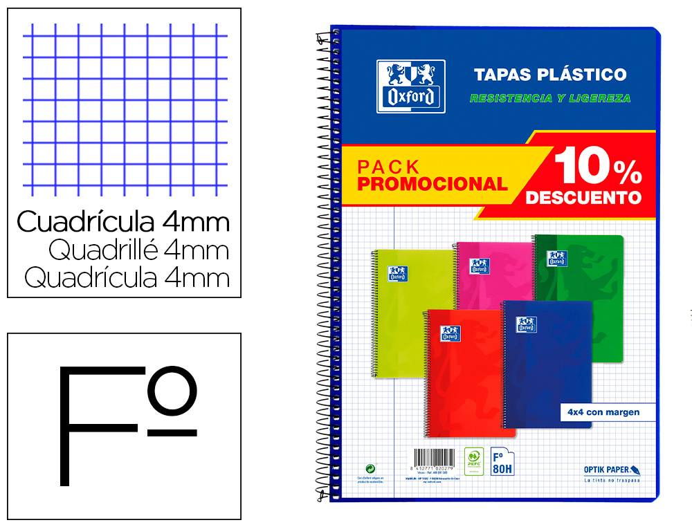 CUADERNO ESPIRAL OXFORD TAPA PLASTICO FOLIO 80 HOJAS CUADRO 4 MM PACK 5 UNIDADES COLORES VIVOS