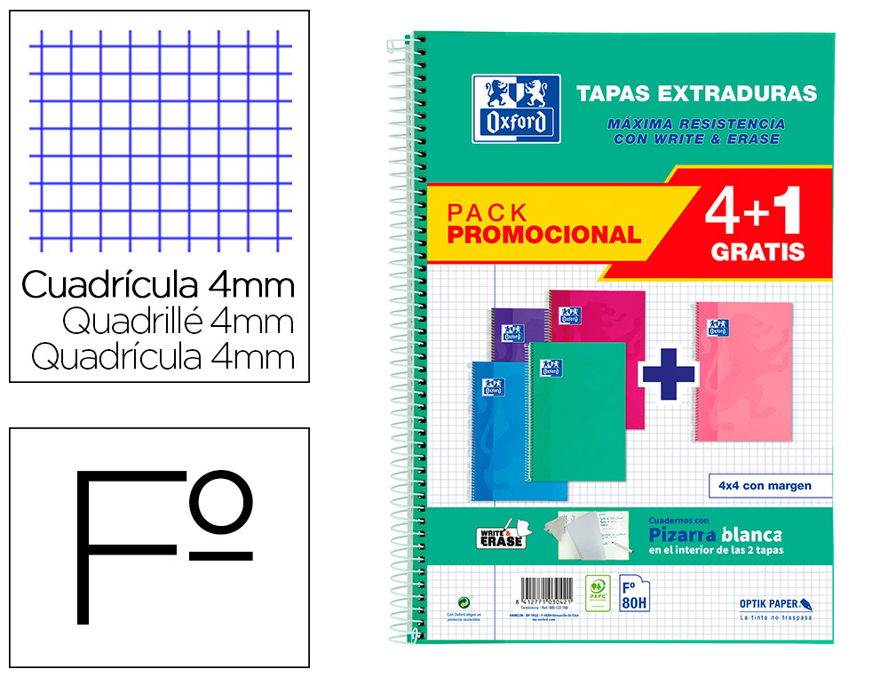CUADERNO ESPIRAL OXFORD TAPA EXTRADURA FOLIO 80 HOJAS CUADRO 4 MM CON PIZARRA BLANCAPACK 4+1 COLORES TENDENCIA