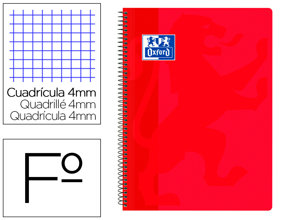 CUADERNO ESPIRAL OXFORD SCHOOL CLASSIC TAPA POLIPROPILENO FOLIO 80 HOJAS CUADRO 4 MM CON MARGEN ROJO