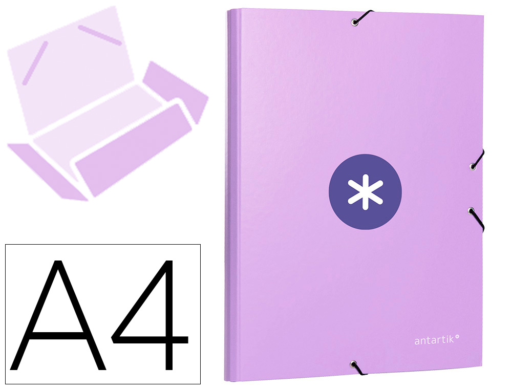 CARPETA ANTARTIK GOMAS TRES SOLAPAS CARTON FORRADO A4 COLOR LAVANDA