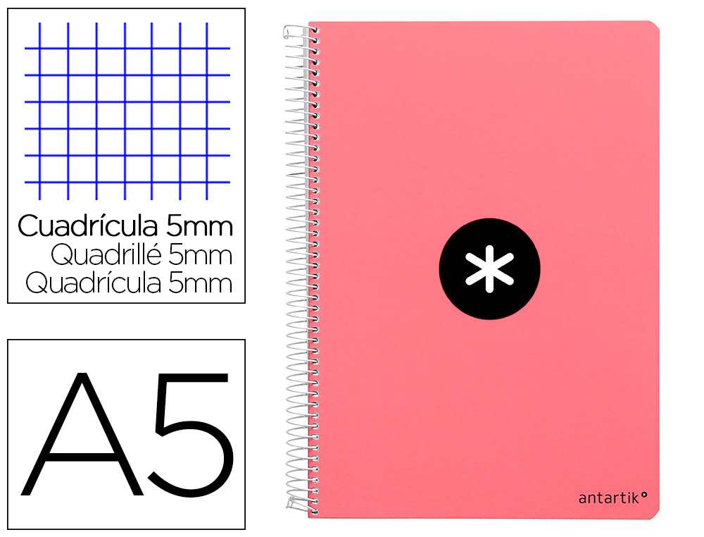 CUADERNO ESPIRAL LIDERPAPEL A5 ANTARTIK TAPA DURA 80H 100 GR CUADRO 5MM COLOR CORAL