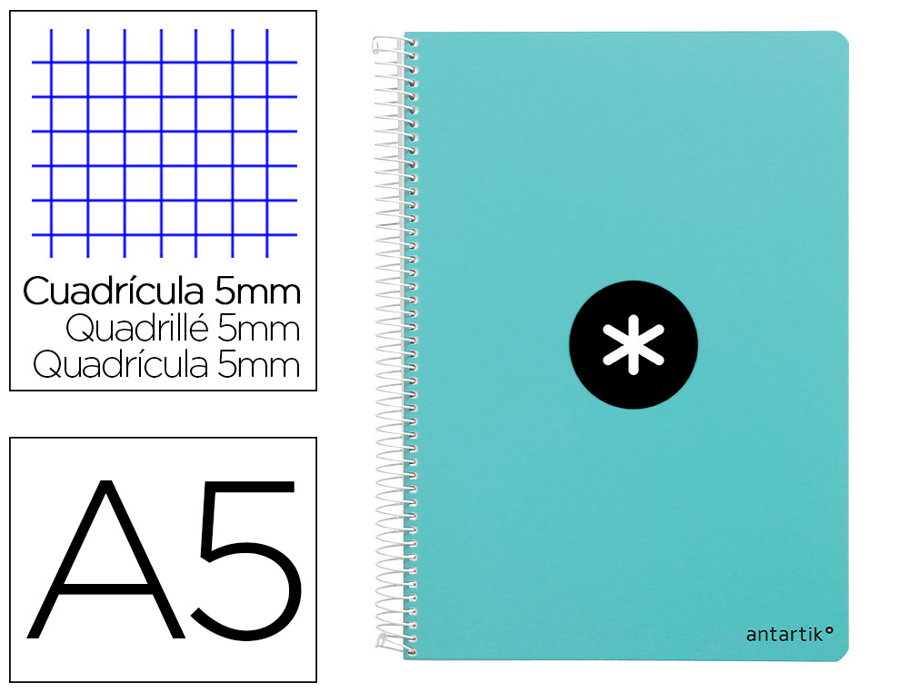 CUADERNO ESPIRAL LIDERPAPEL A5 ANTARTIK TAPA DURA 80H 100 GR CUADRO 5MM COLOR MENTA