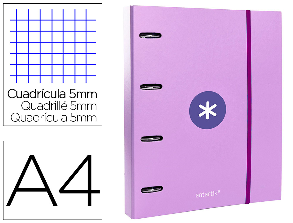 CARPETA CON RECAMBIO ANTARTIK A4 CUADRO 5MM FORRADA 4 ANILLAS 40MM REDONDAS CON SOLAPA COLOR LAVANDA