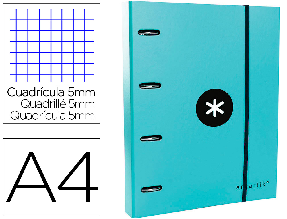 CARPETA CON RECAMBIO ANTARTIK A4 CUADRO 5MM FORRADA 4 ANILLAS 40MM REDONDAS CON SOLAPA COLOR MENTA