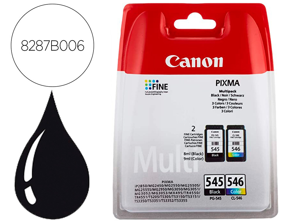 INK-JET CANON PG-545 / CL-546 PIXMA MG2550 / MG3050 / TR4550 / TS205 / TS305 / TS3352 PACK 4 COLORES NEGRO