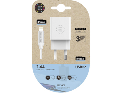 CARGADOR DOBLE BLANCO+CABLE BRAIDED NYLON LIGHTNING (PARA APPLE), ALTO RENDIMIENTO2,4ª