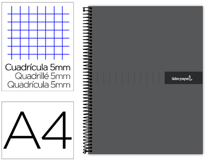 CUADERNO ESPIRAL LIDERPAPEL A4 MICRO CRAFTY TAPA FORRADA 120H 90 GR CUADRO 5 MM 5 BANDAS 4 COLORES COLOR NEGRO