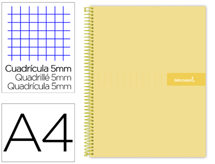 CUADERNO ESPIRAL LIDERPAPEL A4 MICRO CRAFTY TAPA FORRADA 120H 90GR CUADRO 5MM 5 BANDAS 4 TALADROS COLOR AMARILLO