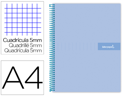 CUADERNO ESPIRAL LIDERPAPEL A4 MICRO CRAFTY TAPA FORRADA 120H 90 GR CUADRO 5 MM 5 BANDAS 4 COLORES CELESTE