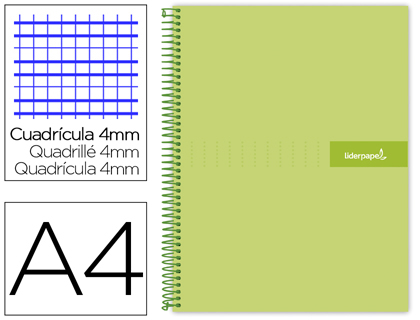 CUADERNO ESPIRAL LIDERPAPEL A4 CRAFTY TAPA FORRADA 80H 90 GR CUADRO 4MM CON MARGEN COLOR VERDE